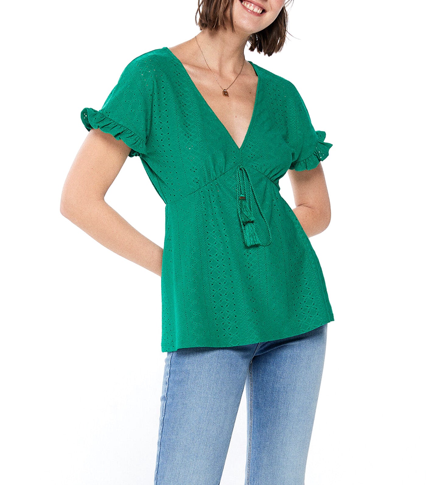 Swiss Embroidery Lace Tassels T-Shirt Green