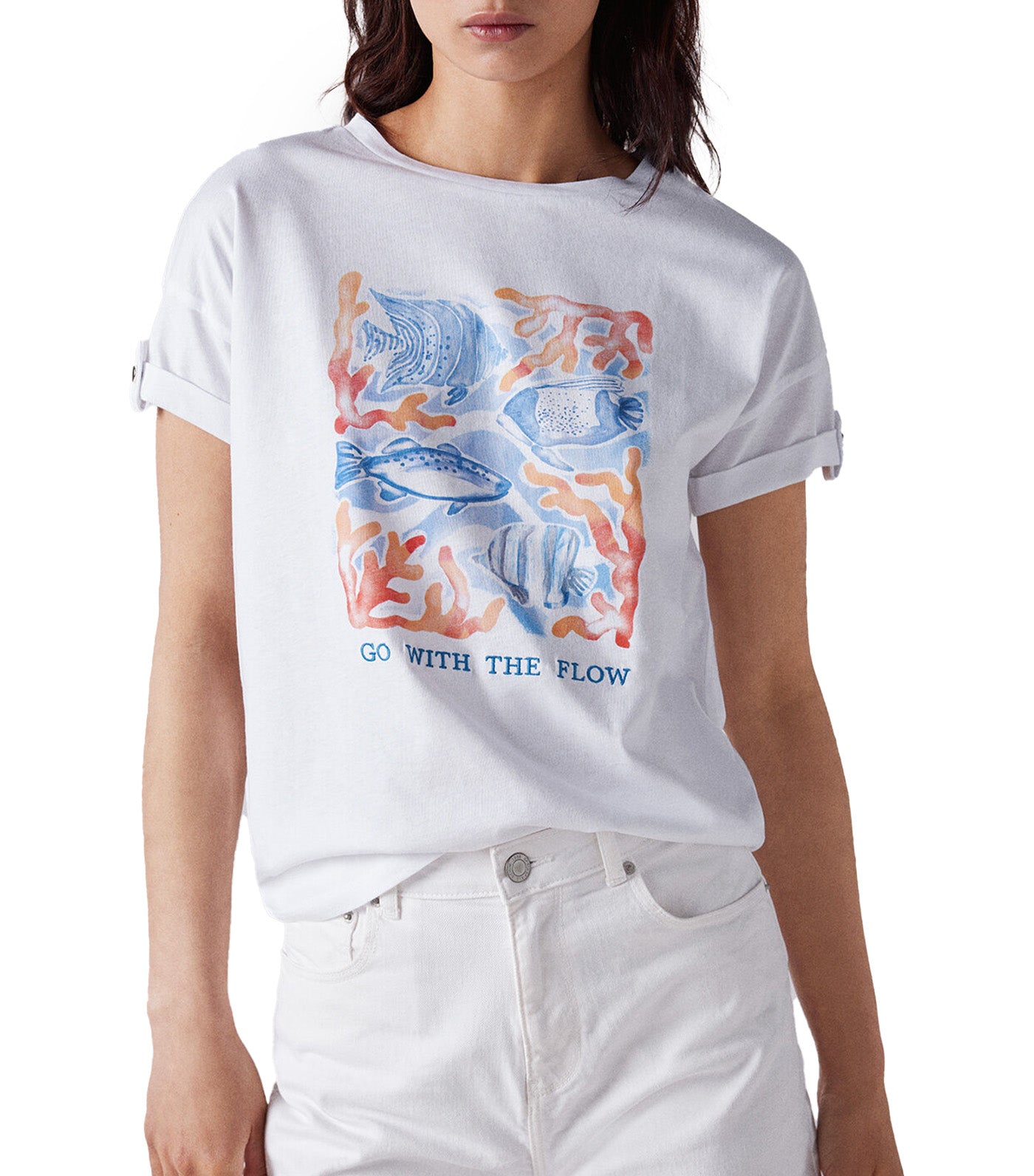 Button Up Sleeve Graphic T-Shirt White