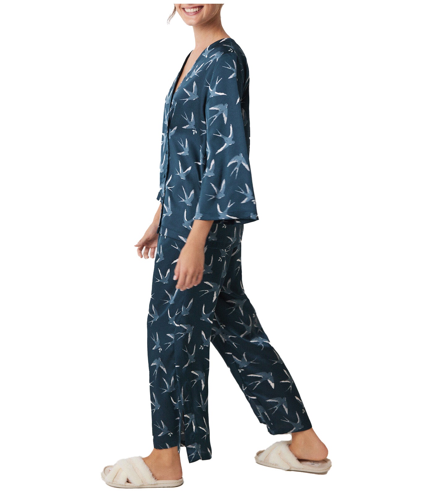 Long Satin Pajamas with Bird Print Green