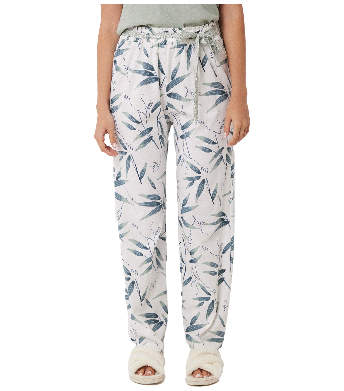 Cotton Lounge Pants with Leaf Print Green