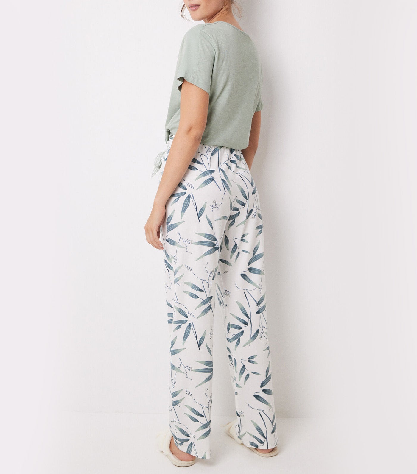 Cotton Lounge Pants with Leaf Print Green