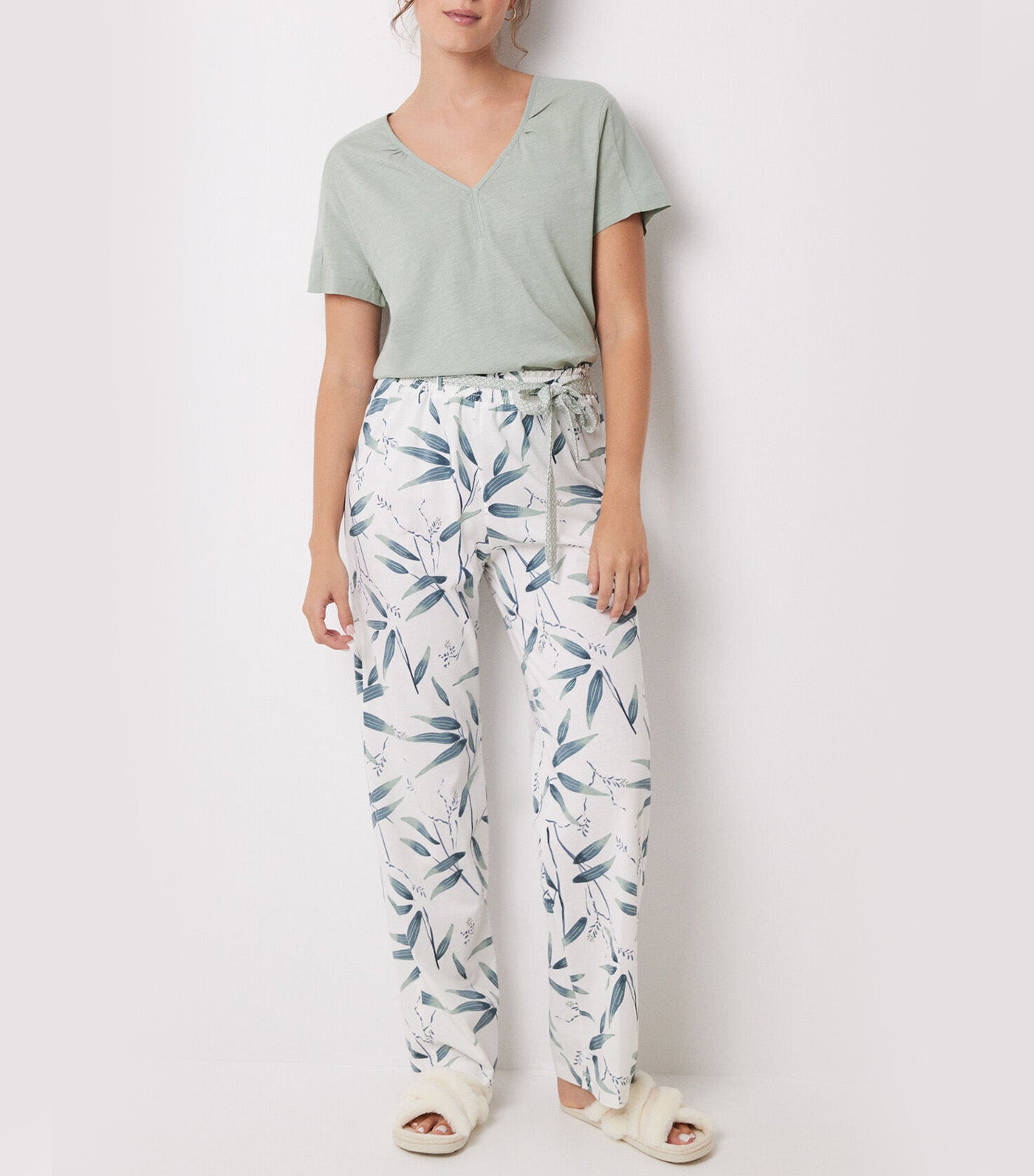 Cotton Lounge Pants with Leaf Print Green