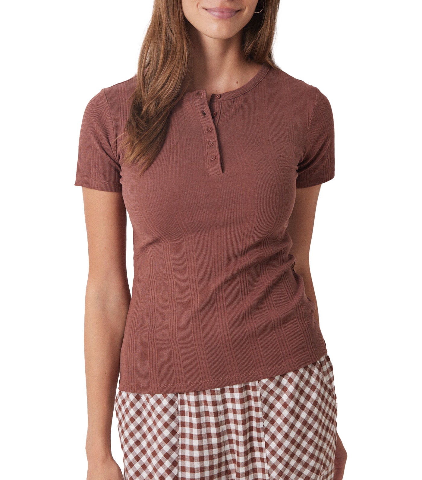 Ribbed Short Sleeve T-Shirt Brown