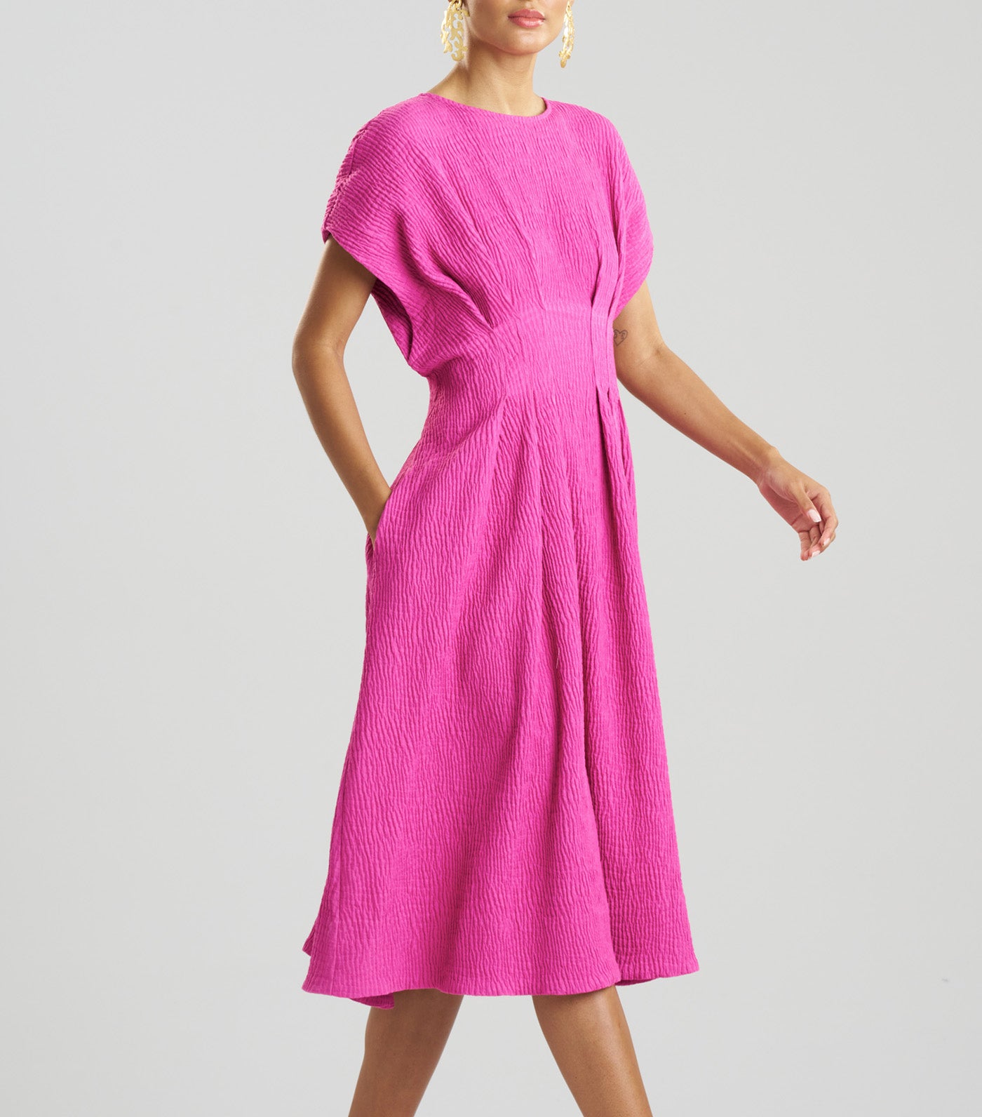 Textured Cotton Jacquard Pleated Dress Bright Berry