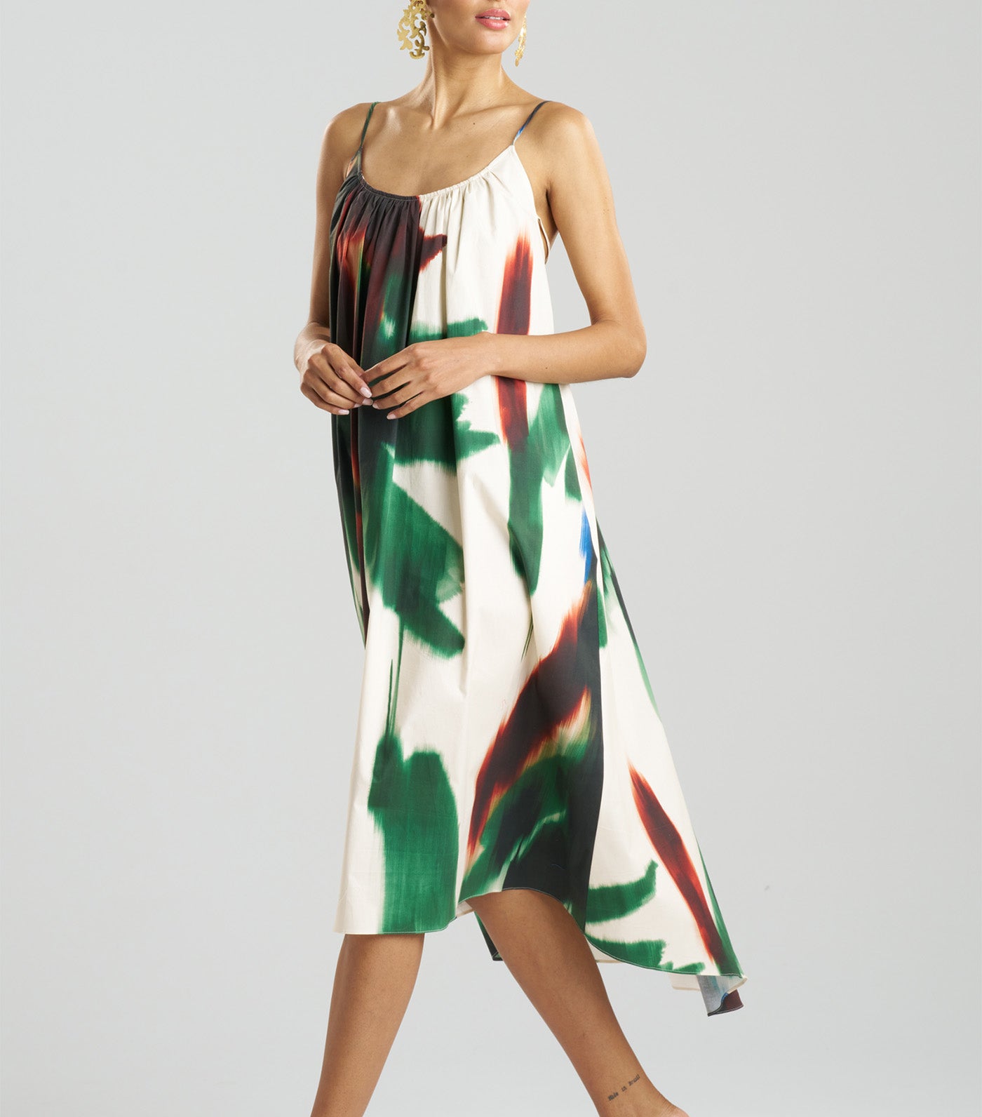 Amalfi Printed Cotton Poplin Open Back Dress Neutral Green