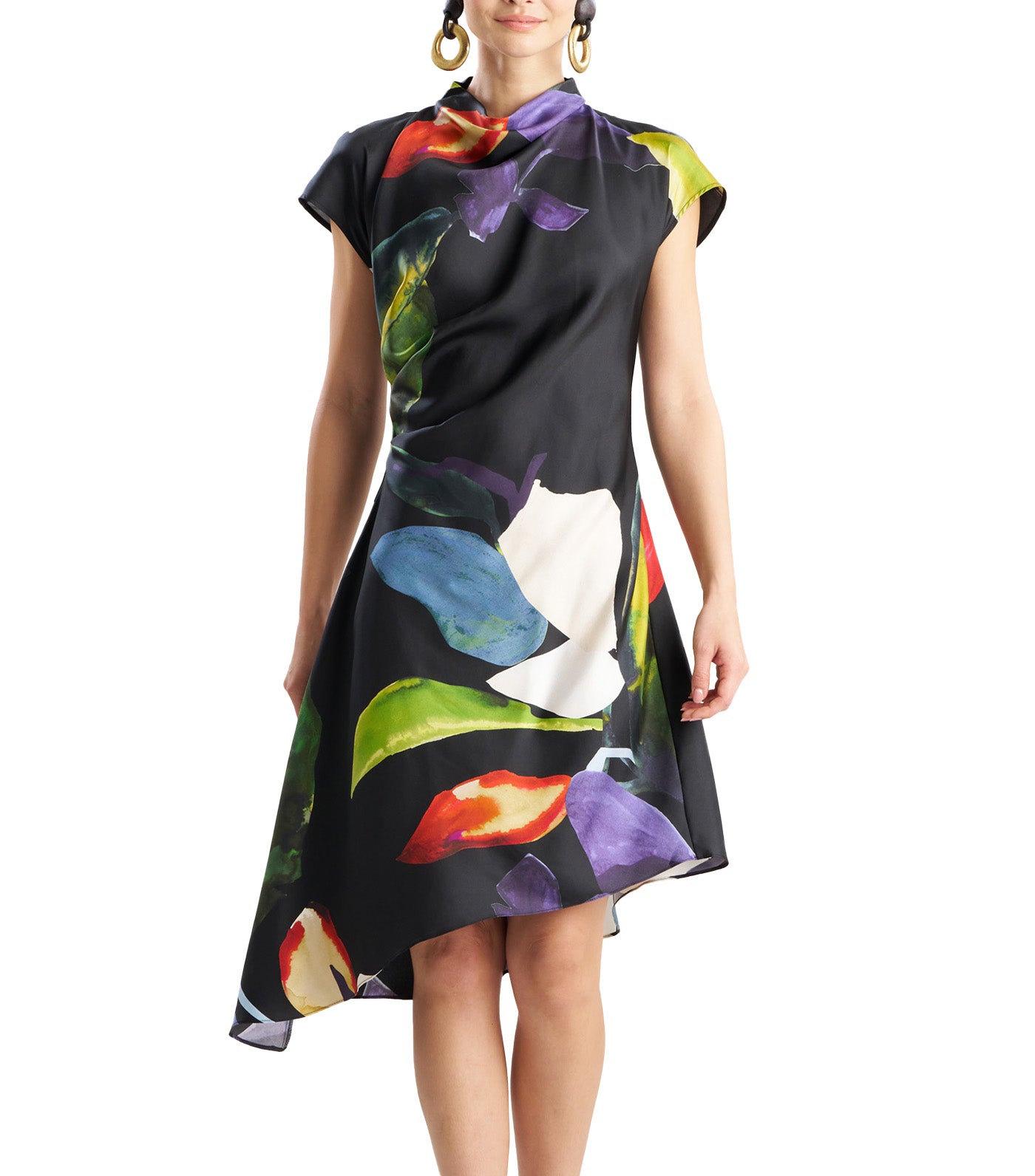 Yoru Silk Twill Asymmetric Dress Black Deep Orchid