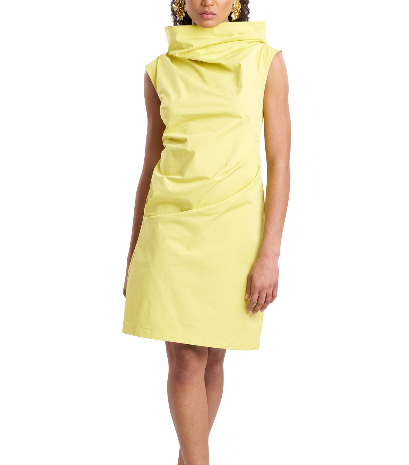 Asymmetric Funnel Neck Dress Lemon