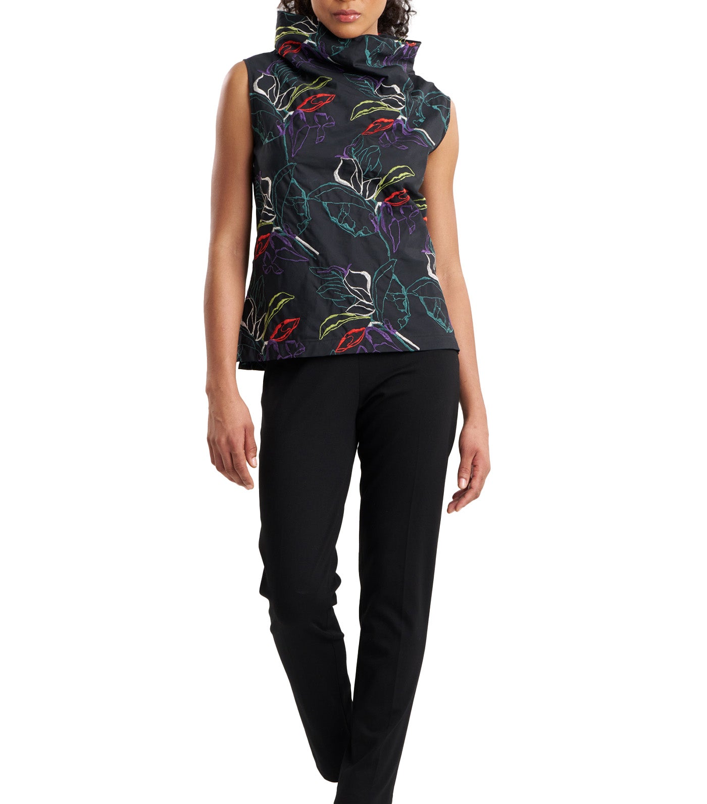 Yoru Embroidered Cotton Poplin Funnel Neck Top Black Deep Orchid