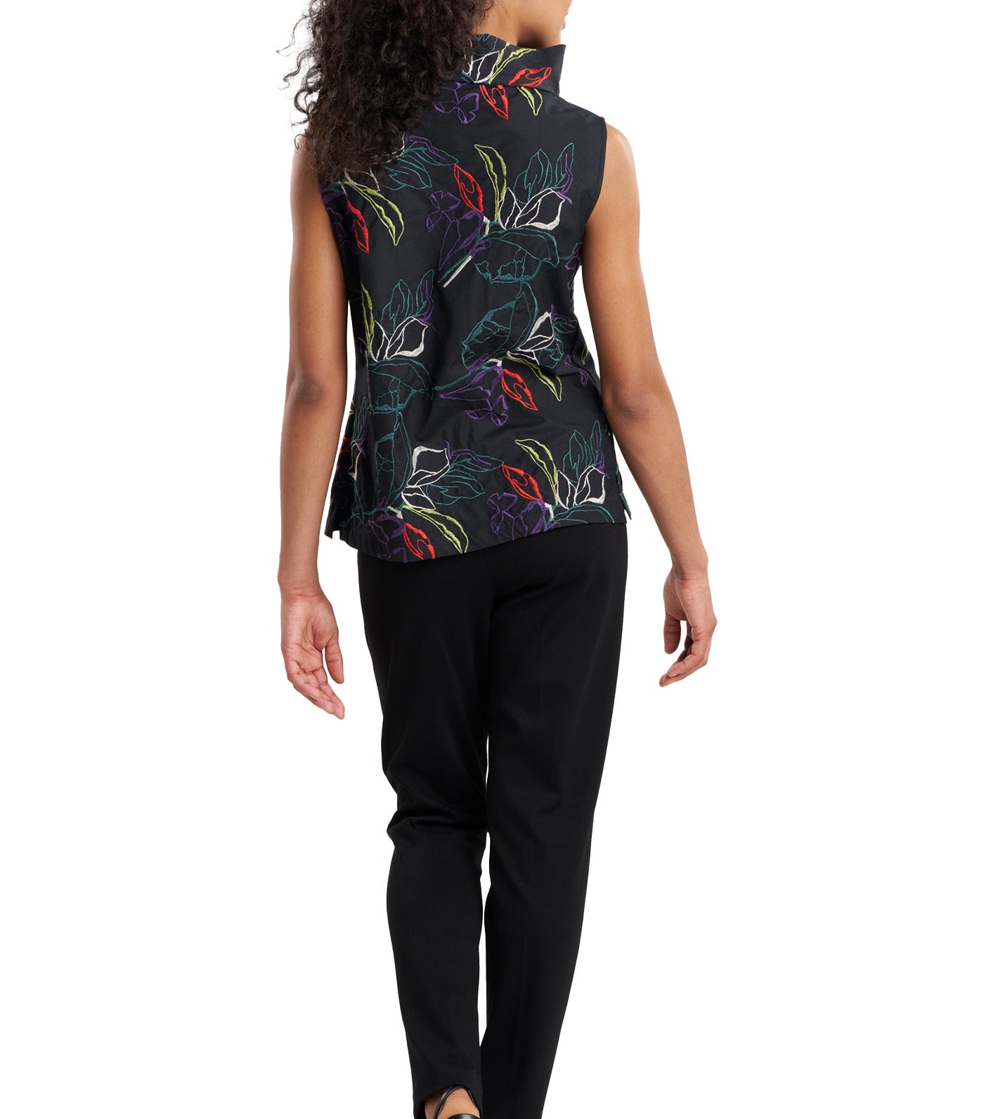 Yoru Embroidered Cotton Poplin Funnel Neck Top Black Deep Orchid