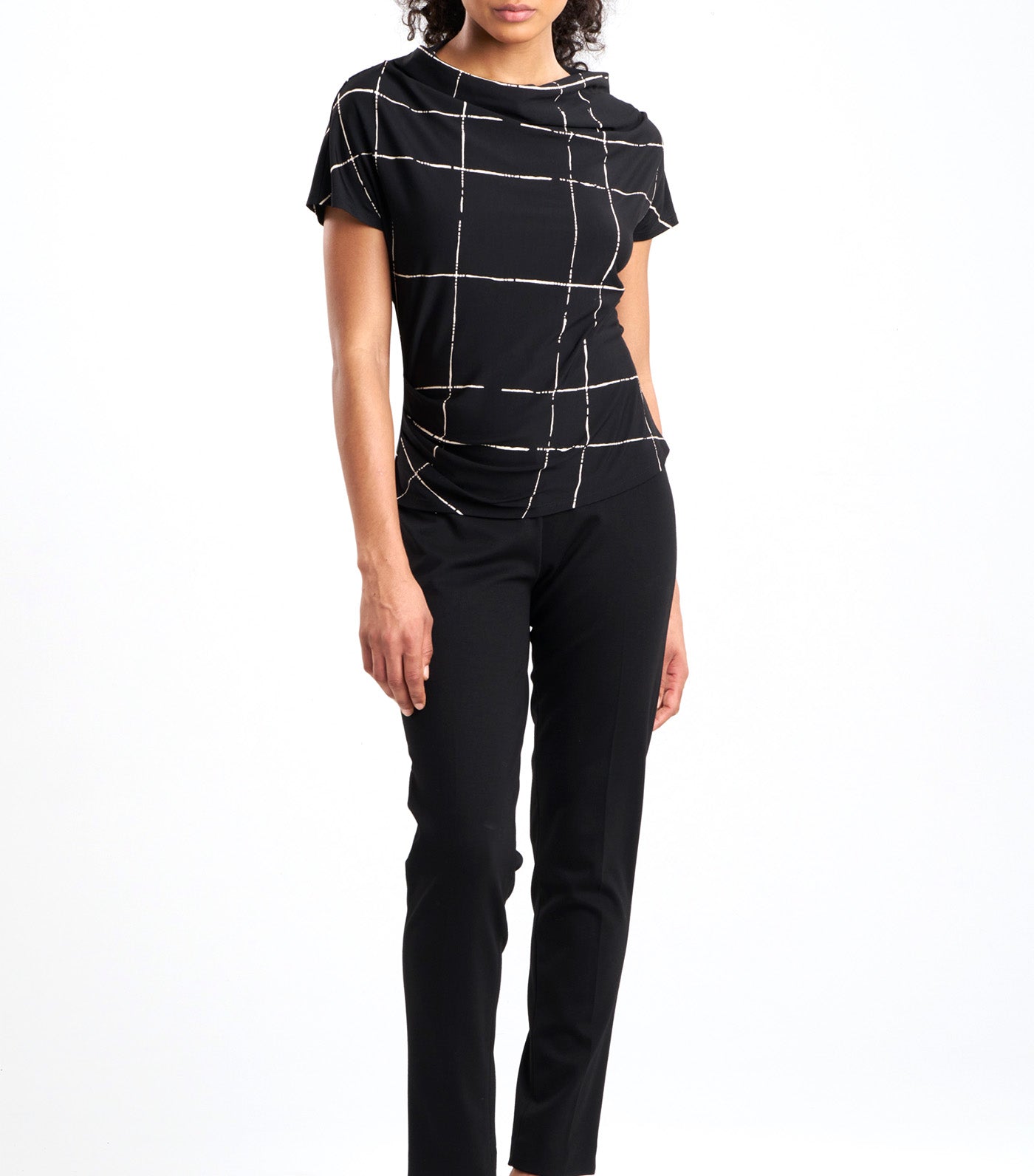 Zia Crepe Knit Asymmetric Drape Top Black