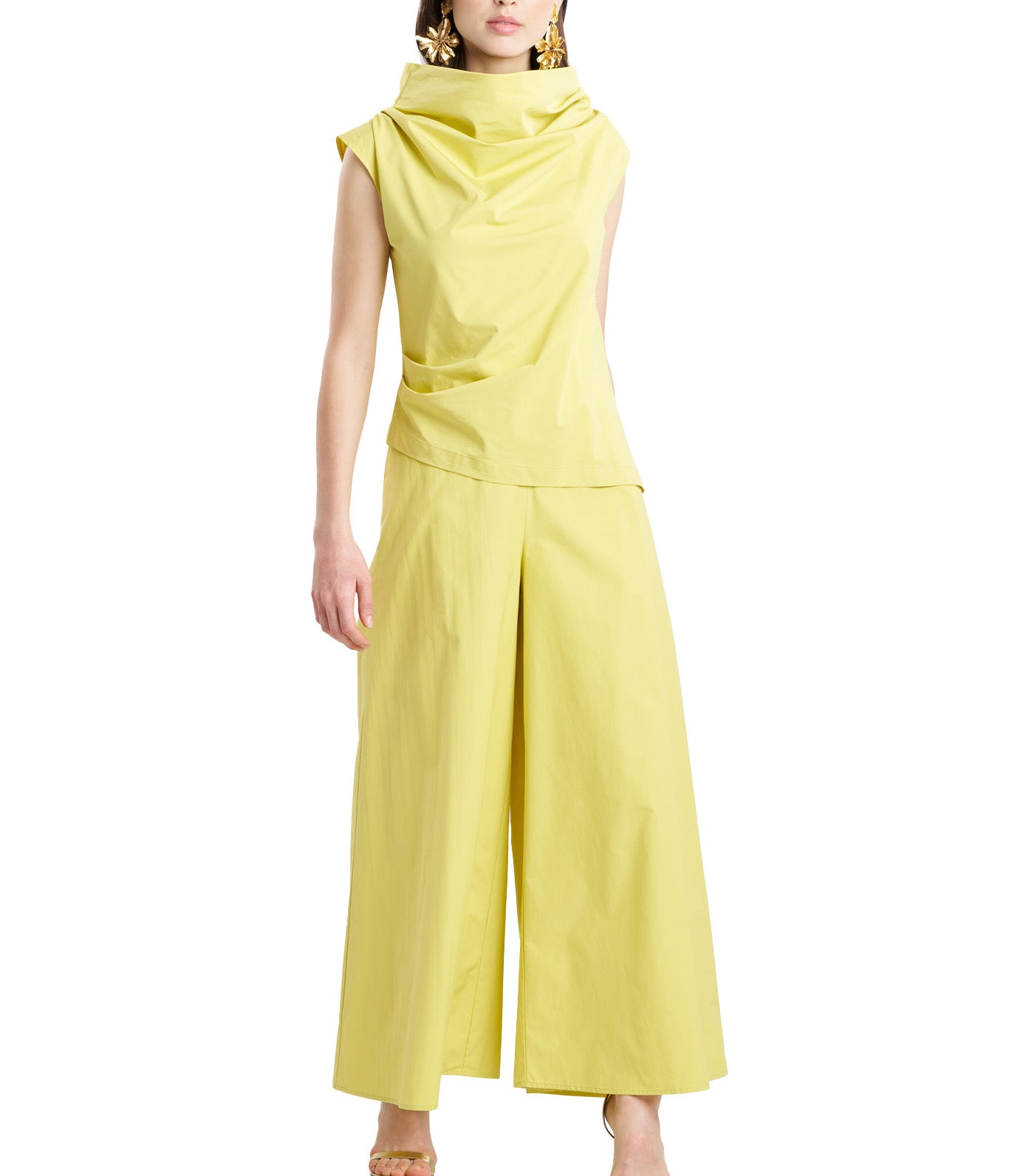 Tech Cotton Taffeta Asymmetric Funnel Neck Top Lemon