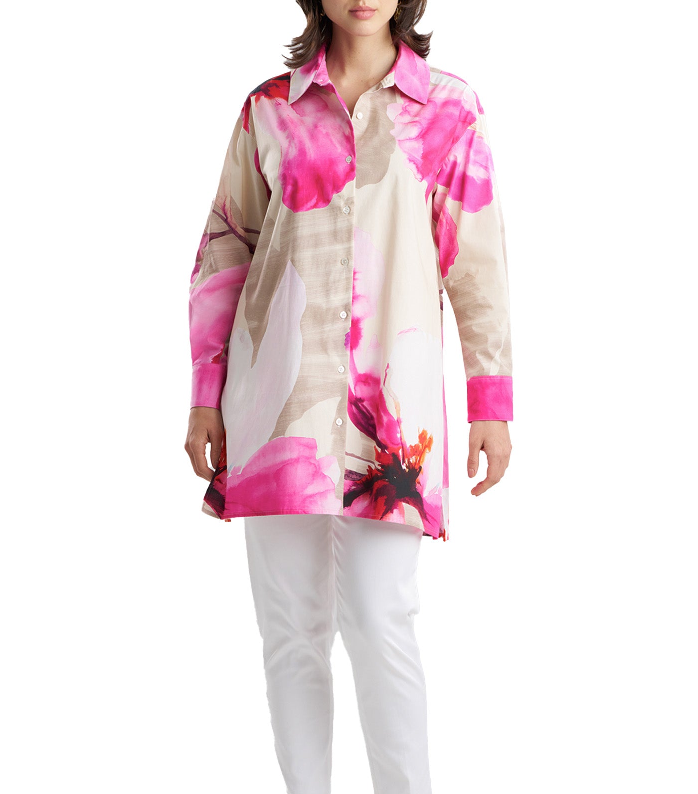Natori Ready-To-Wear Orchid Cotton Poplin Oversized Button Down Shirt Fresh Pink