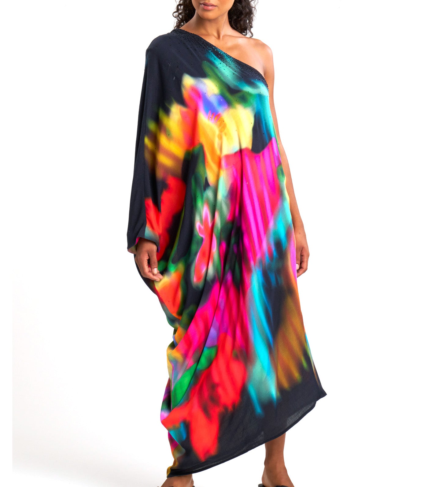 Floral Mirage One Shoulder Caftan Black Multi