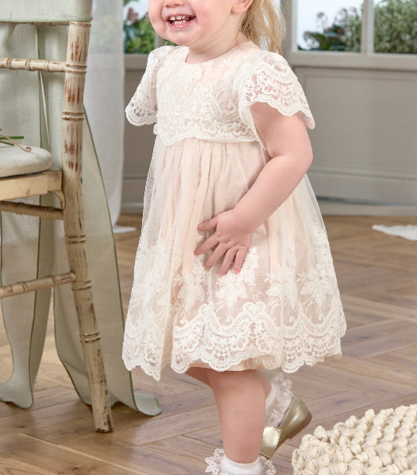 Lace Frill Sleeve Dress White