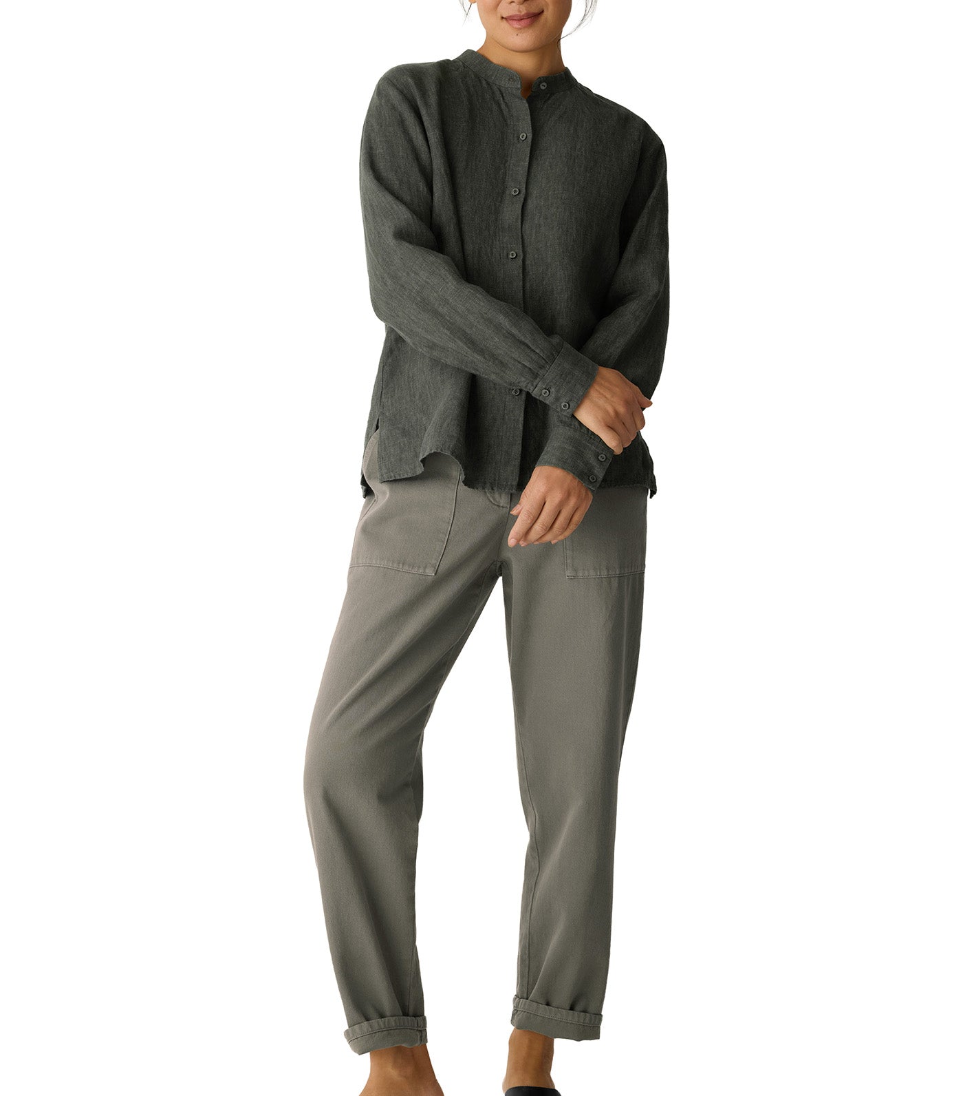 Washed Organic Linen Délavé Band Collar Shirt Bayleaf