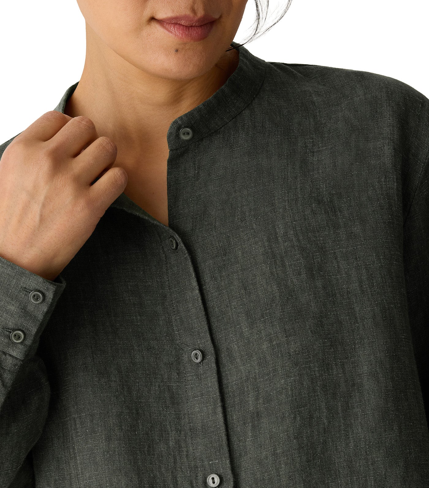 Washed Organic Linen Délavé Band Collar Shirt Bayleaf