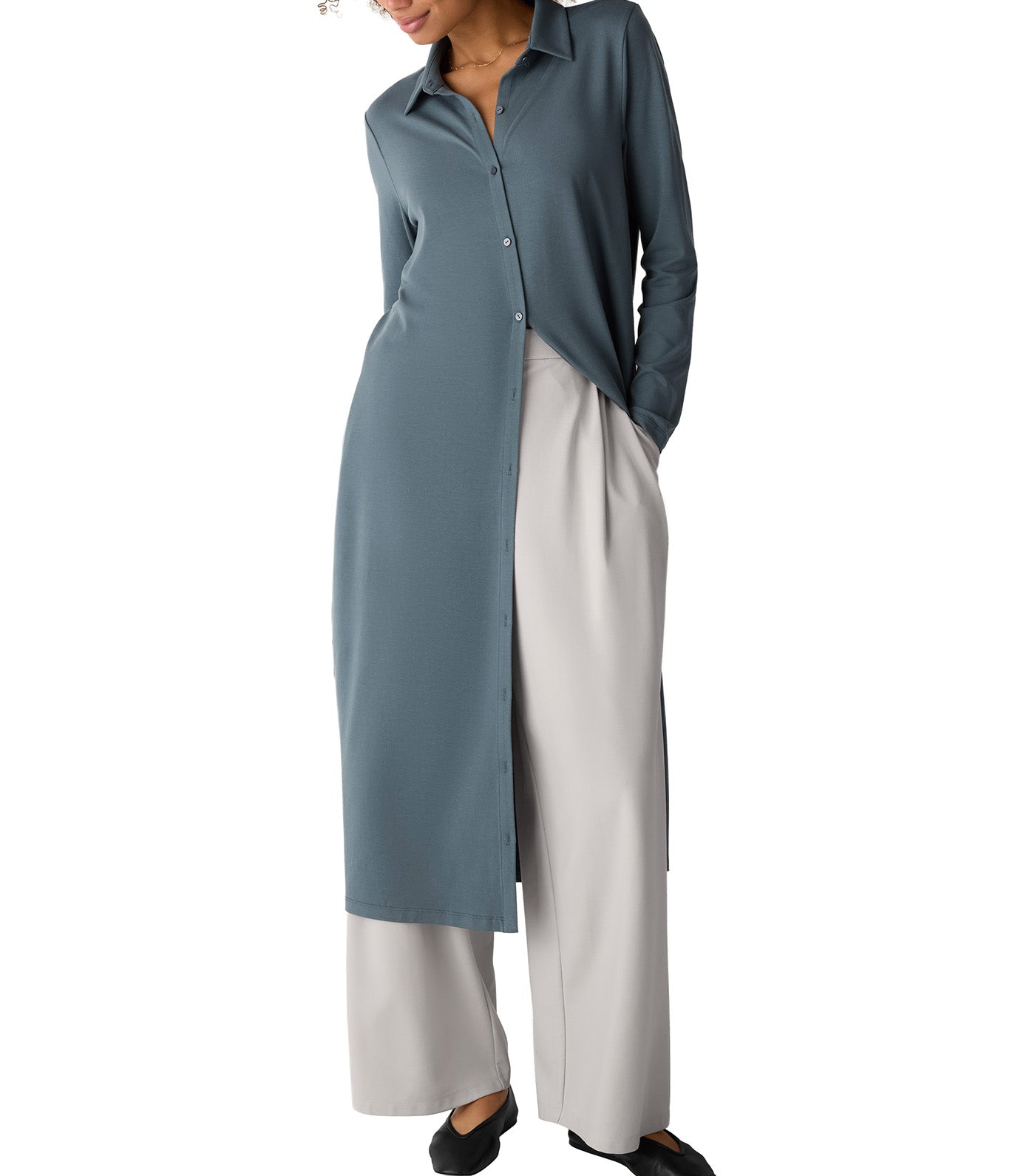 Stretch Jersey Knit Classic Collar Oval Dress Eucalyptus