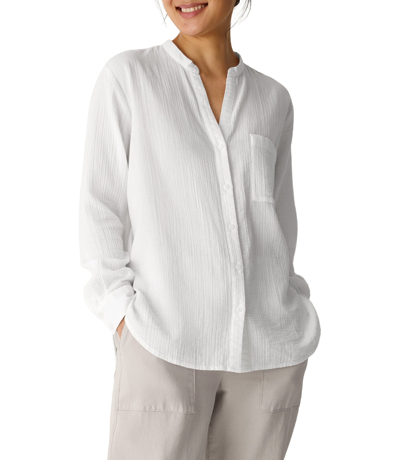 Organic Cotton Ripple Band Collar Shirt White