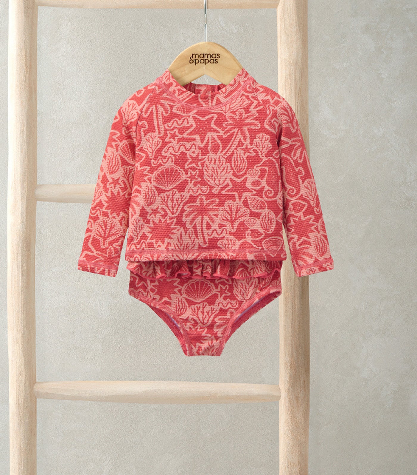 Seahorse Long Sleeve Swim Top and Bottoms Red