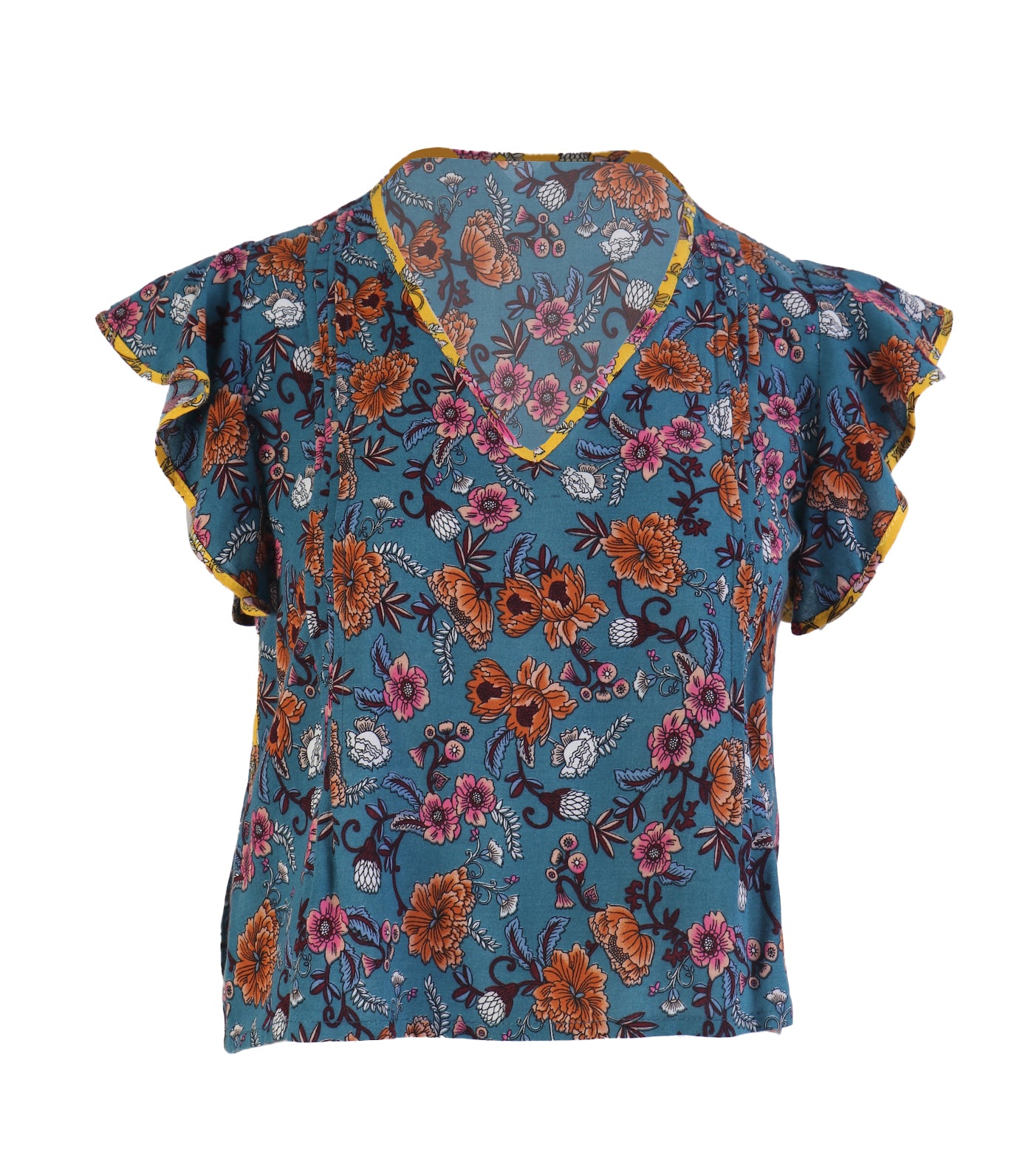 Lotus Resortwear Aloa Multicolor Print Top with Ruffle Sleeves Blue