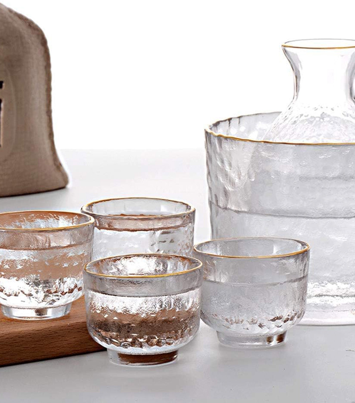 Keiko Hammered Finish with Gold Rim Glass Sake Set Clear/Gold