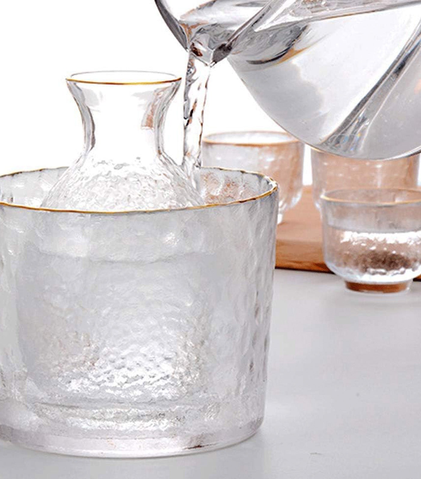 Keiko Hammered Finish with Gold Rim Glass Sake Set Clear/Gold