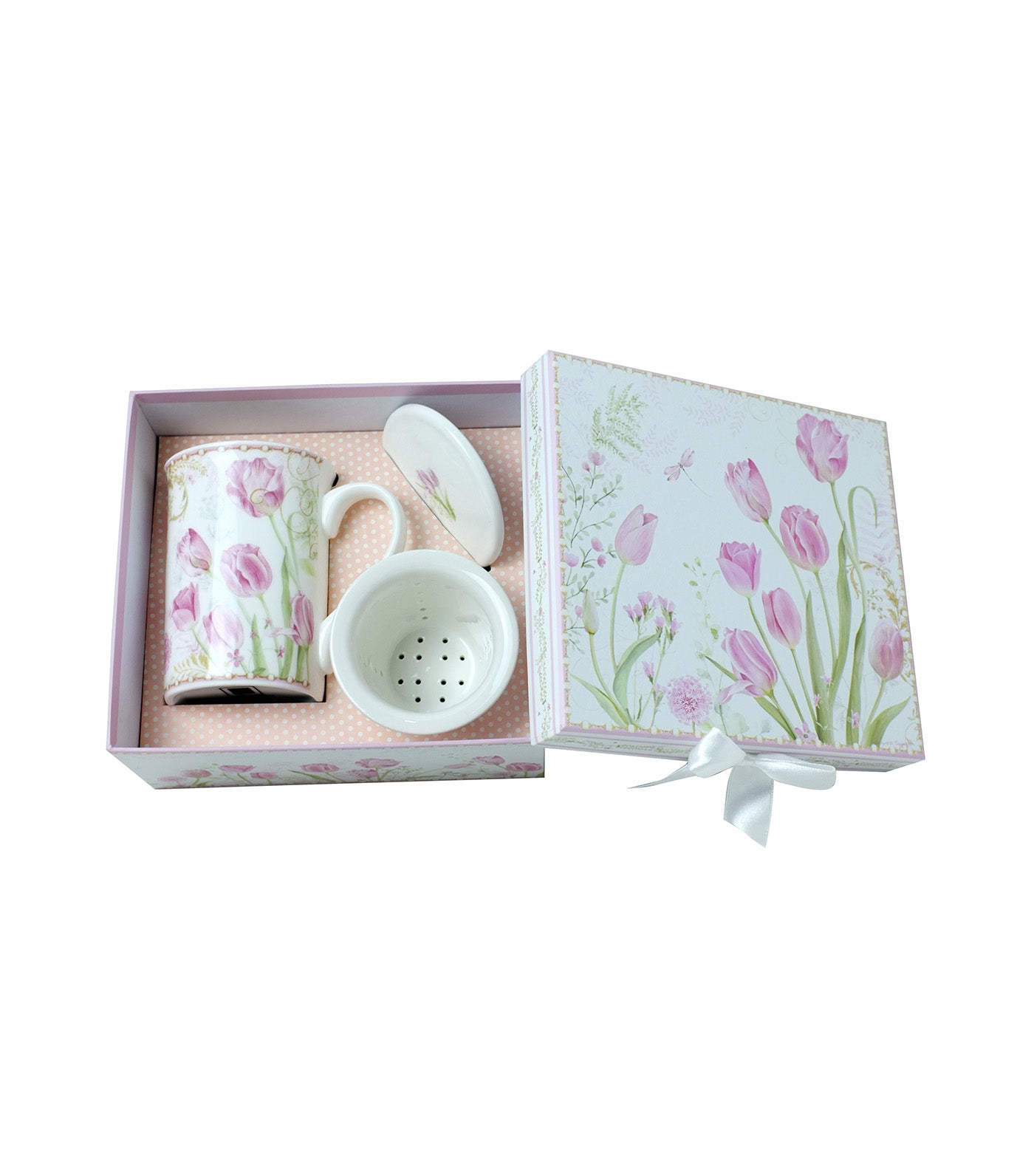 Sugarplum Lifestyle Pink Tulips Collection Tea Mug Set + Strainer and Lid 