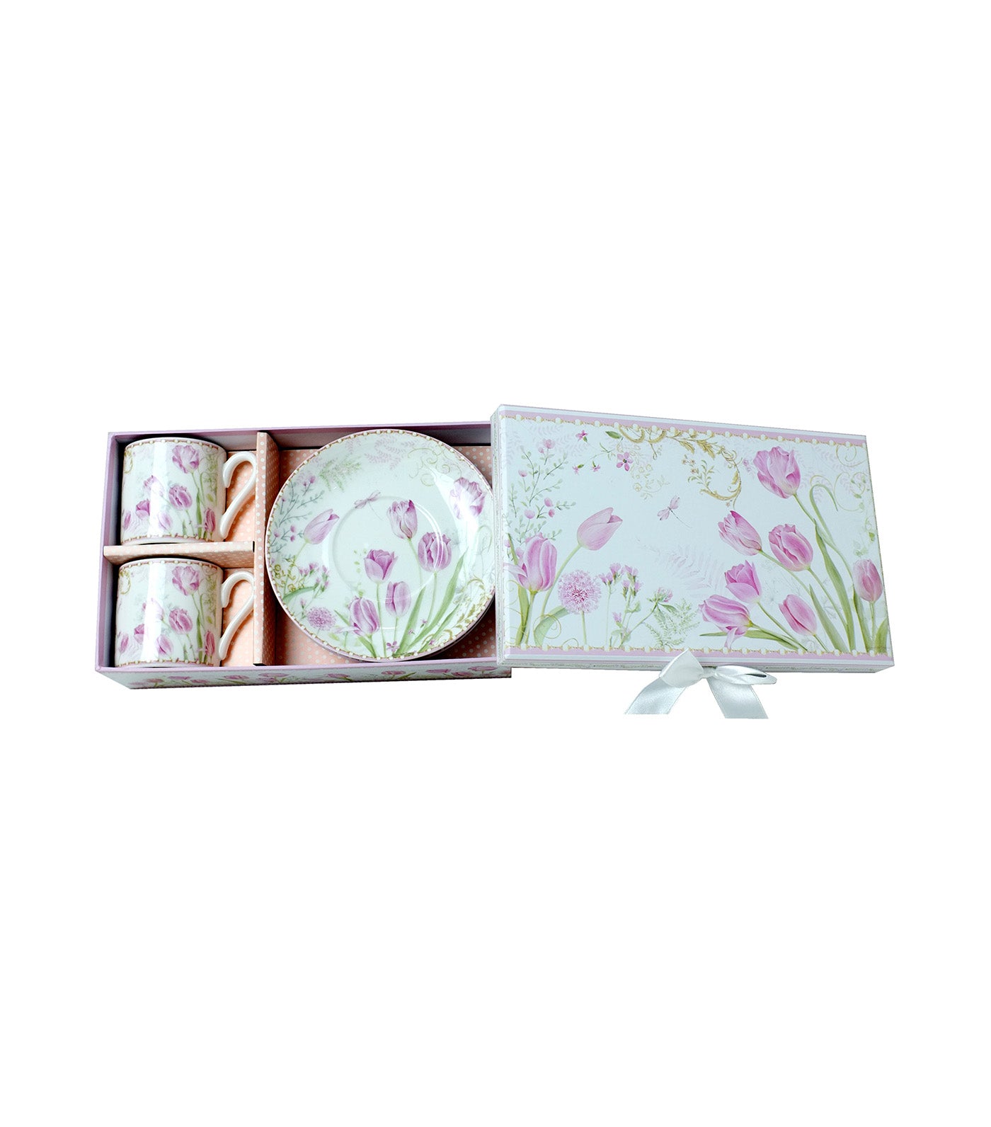 Sugarplum Lifestyle Pink Tulips Collection Espresso Cup and Saucer Set of 2 