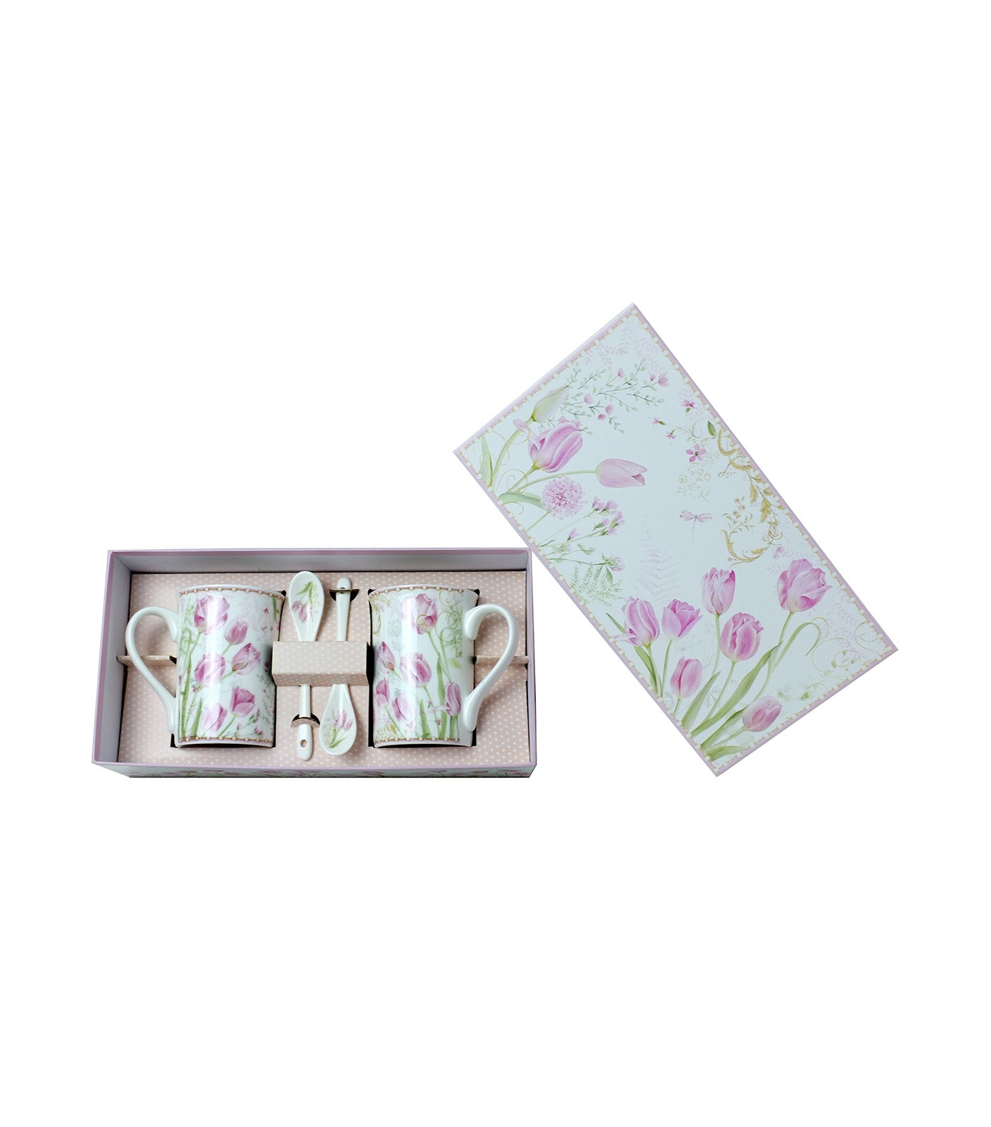 Sugarplum Lifestyle Pink Tulips Collection Couple Mug with Spoon Set of 2 