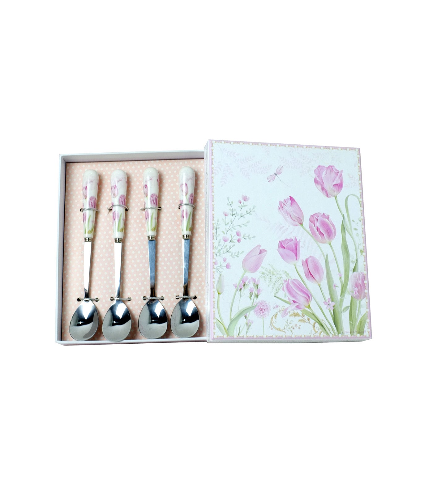 Sugarplum Lifestyle Pink Tulips Collection Teaspoon with Porcelain Handle Set of 4 