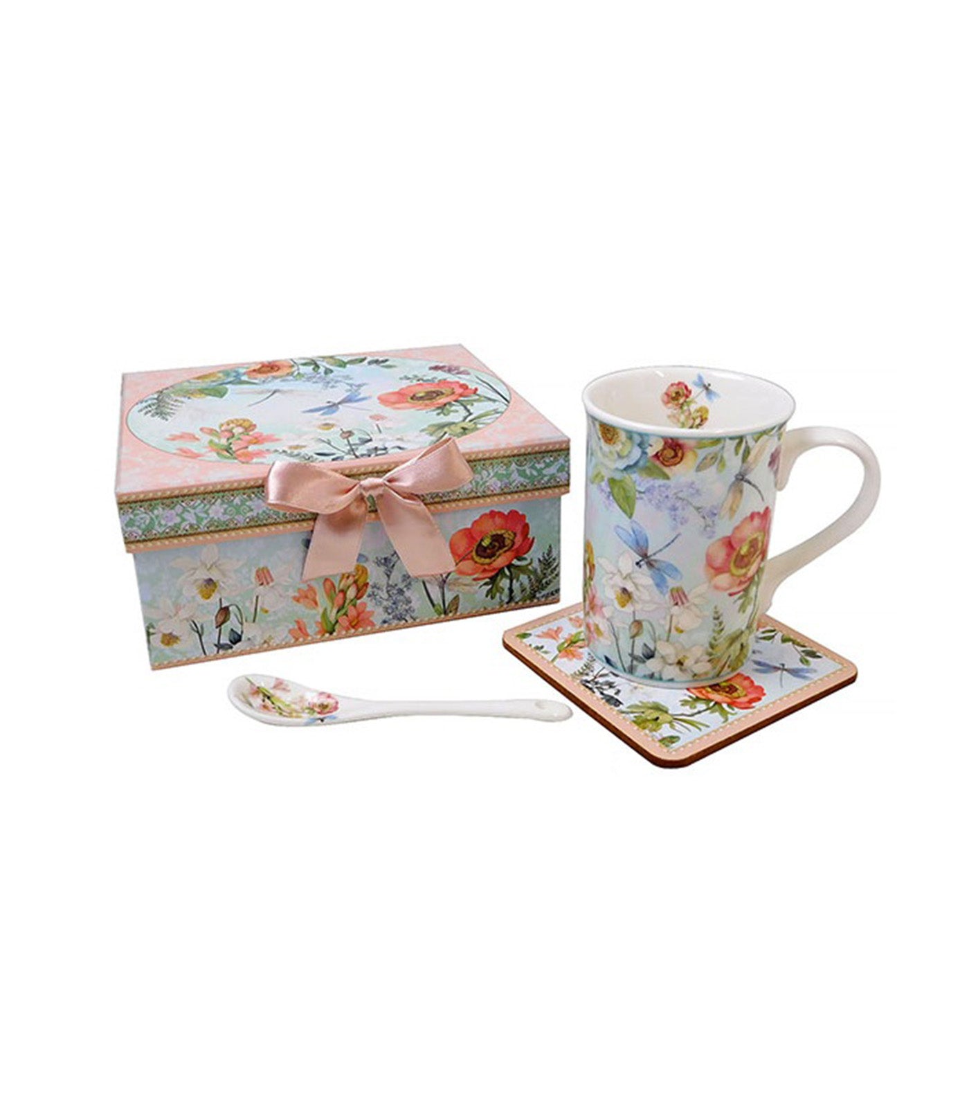 Sugarplum Lifestyle Orchard Garden Collection 3-Piece Set Porcelain Tea Mug Set with Laminated Coaster and Spoon