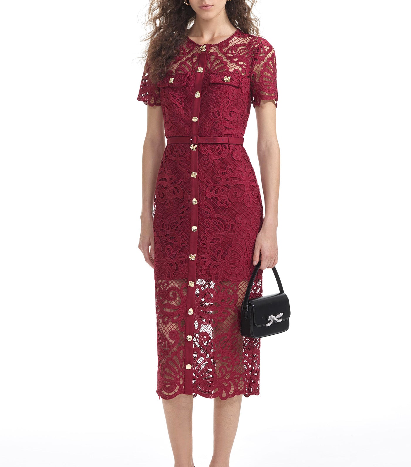 Guipure Lace Button Midi Dress Red