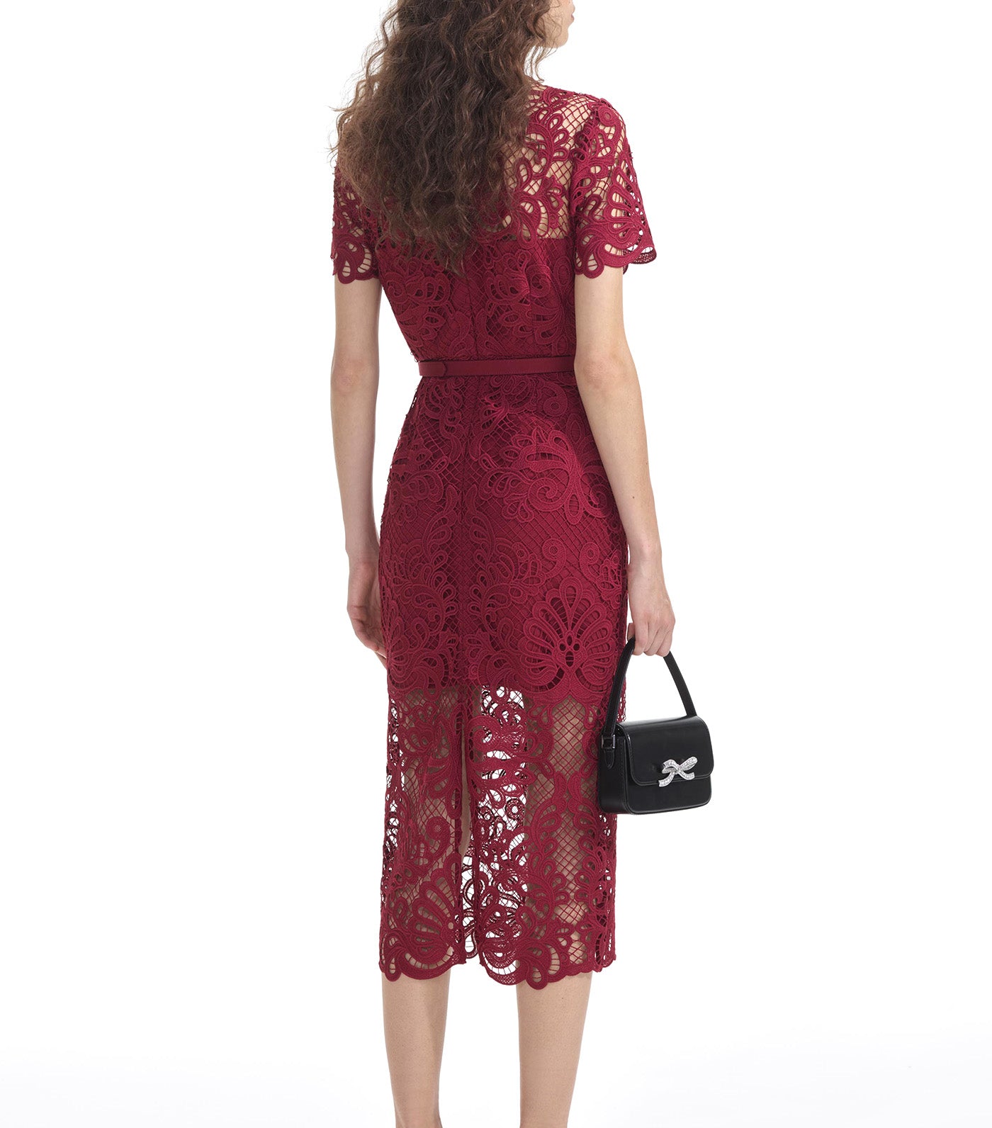 Guipure Lace Button Midi Dress Red