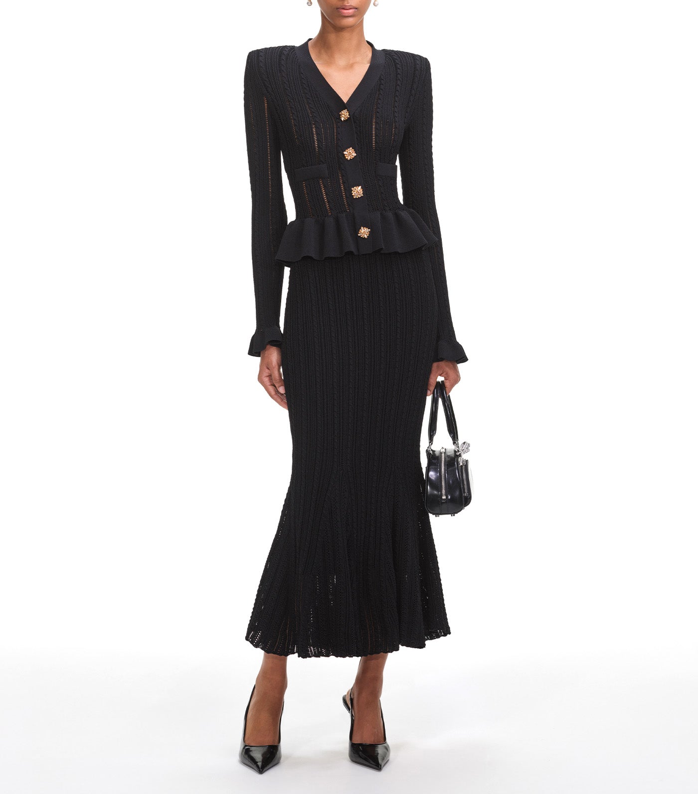 Knit Peplum Midi Dress Black