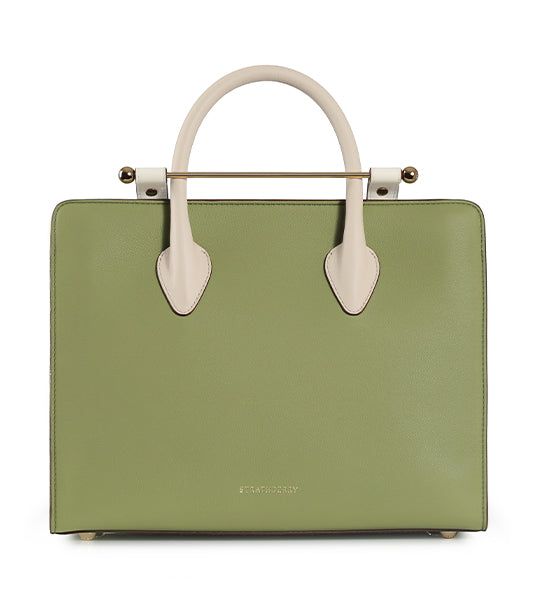 Strathberry Midi Leather Tote in Olive/Vanilla/Oat