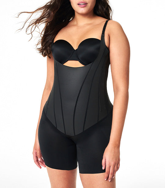 Total Contour Open-Bust Mid-Thigh Bodysuit Very Black