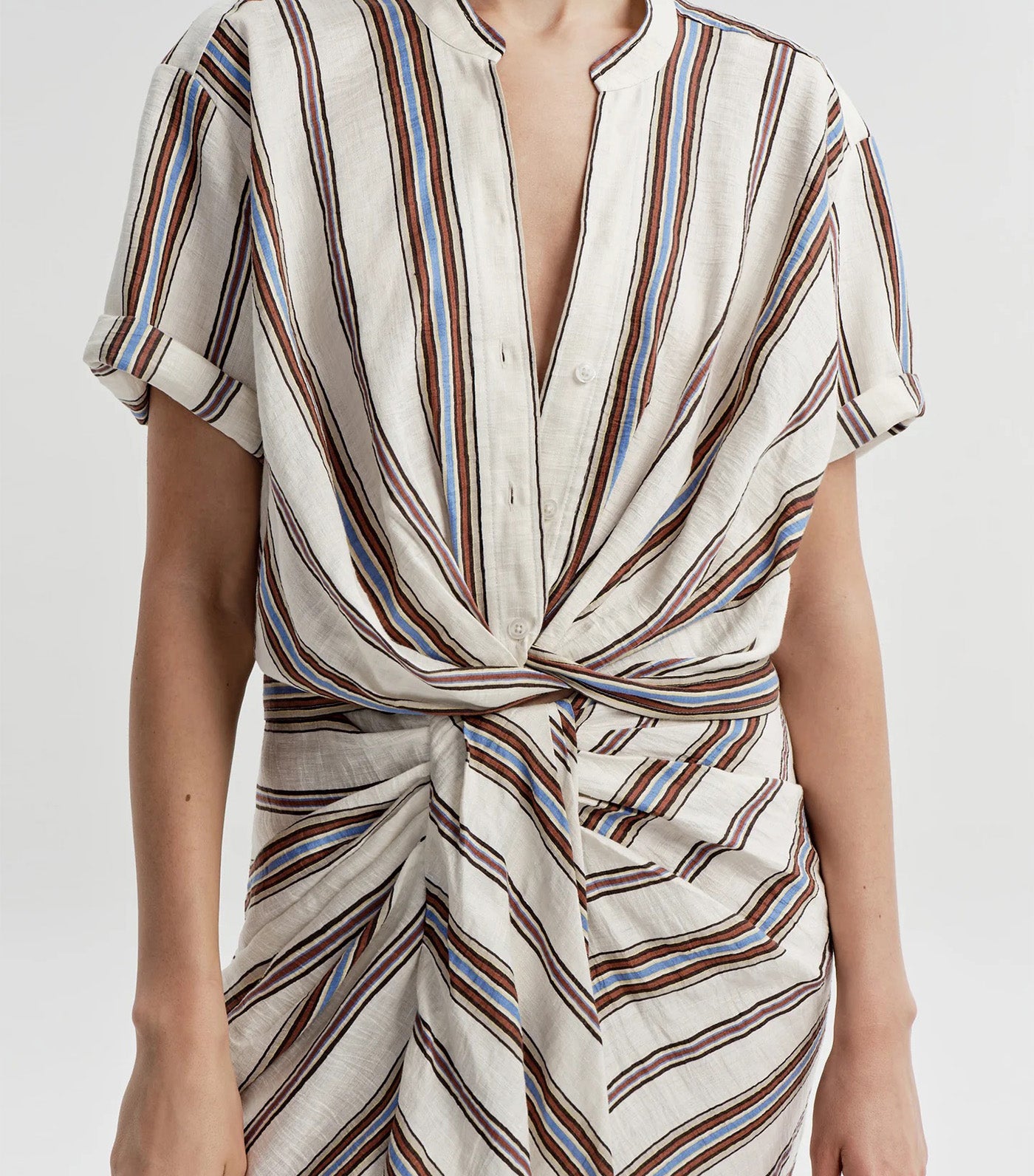 Leonore Short Sleeve Striped Linen Shirt Panna Multi