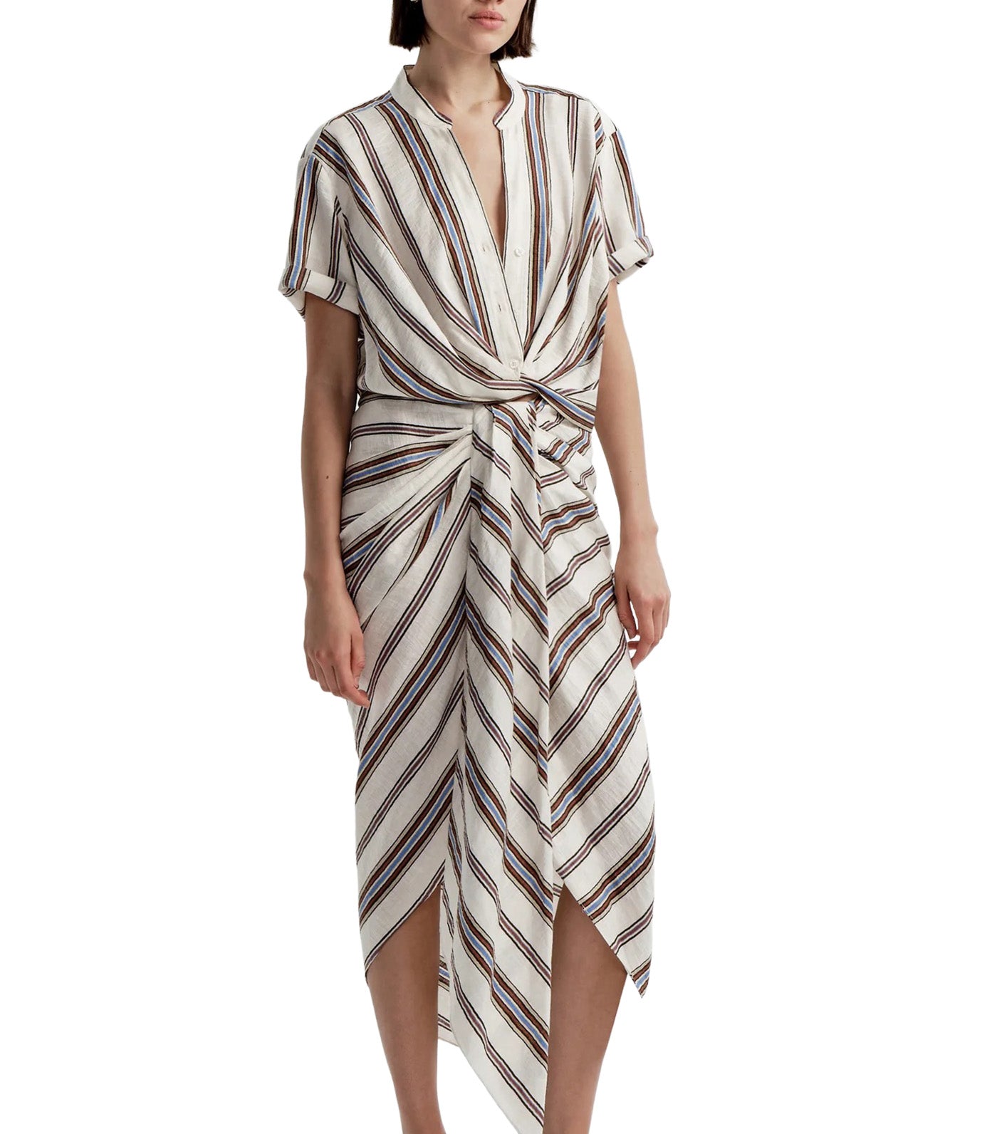 Leonore Short Sleeve Striped Linen Shirt Panna Multi