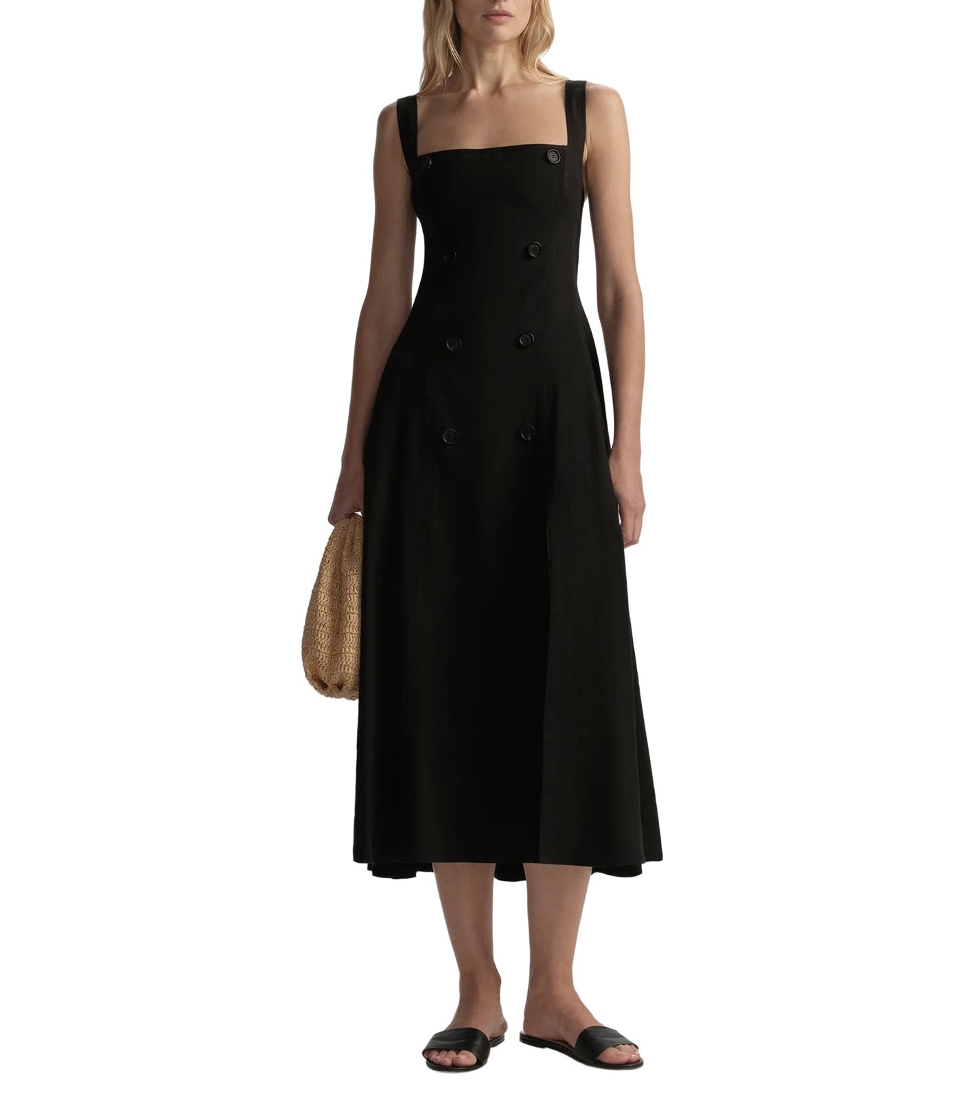 Hayes Button Front Linen Midi Dress Black