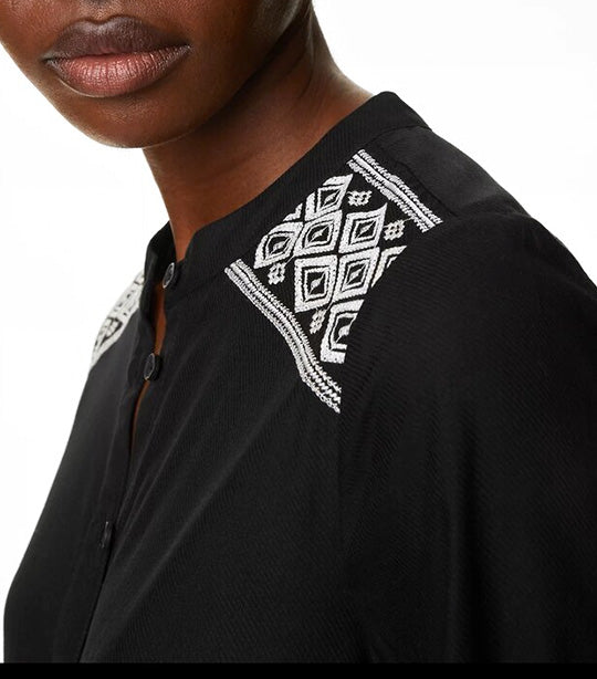 Embroidered Collarless Blouse Black