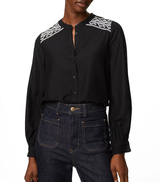Embroidered Collarless Blouse Black