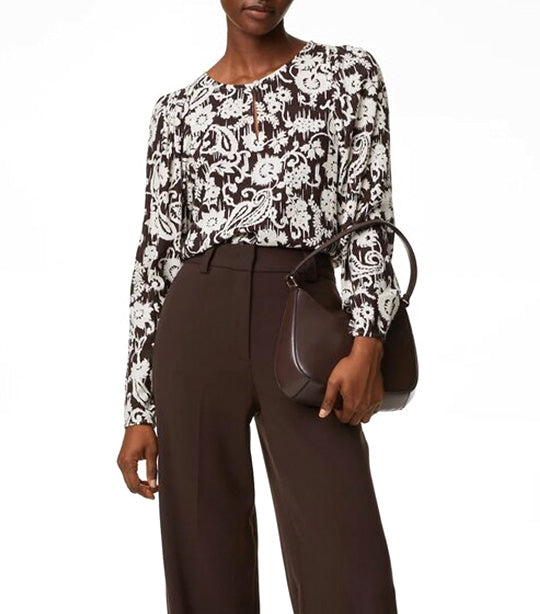 Cotton Blend Printed Crew Neck Blouse Brown Mix Printed