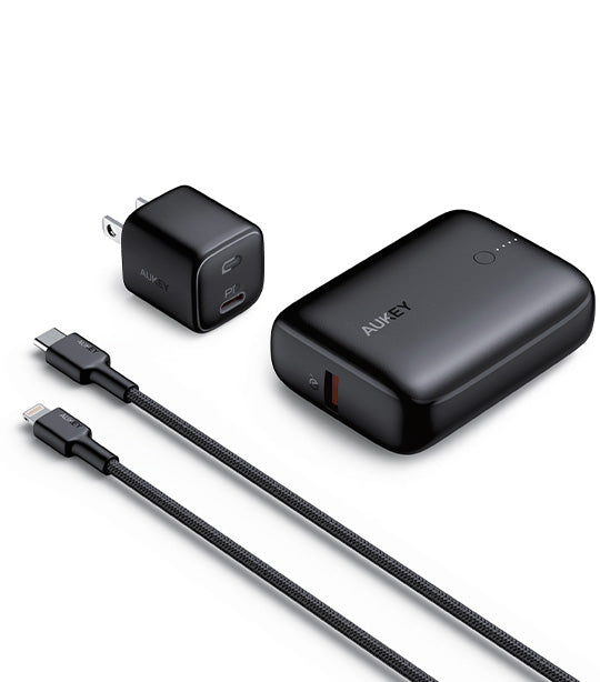 AUKEY TK-2 On-The-Go Bundle 10000mah Powerbank, Lightning Cables, Wall Charger for Apple Black