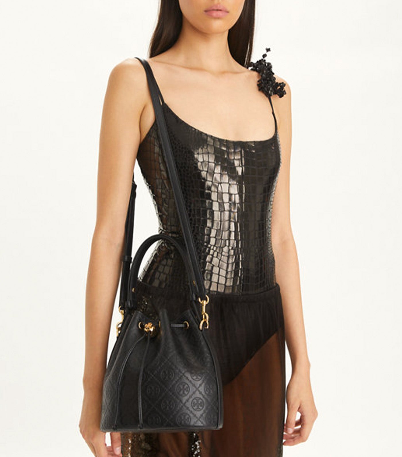 T Monogram Leather Bucket Bag