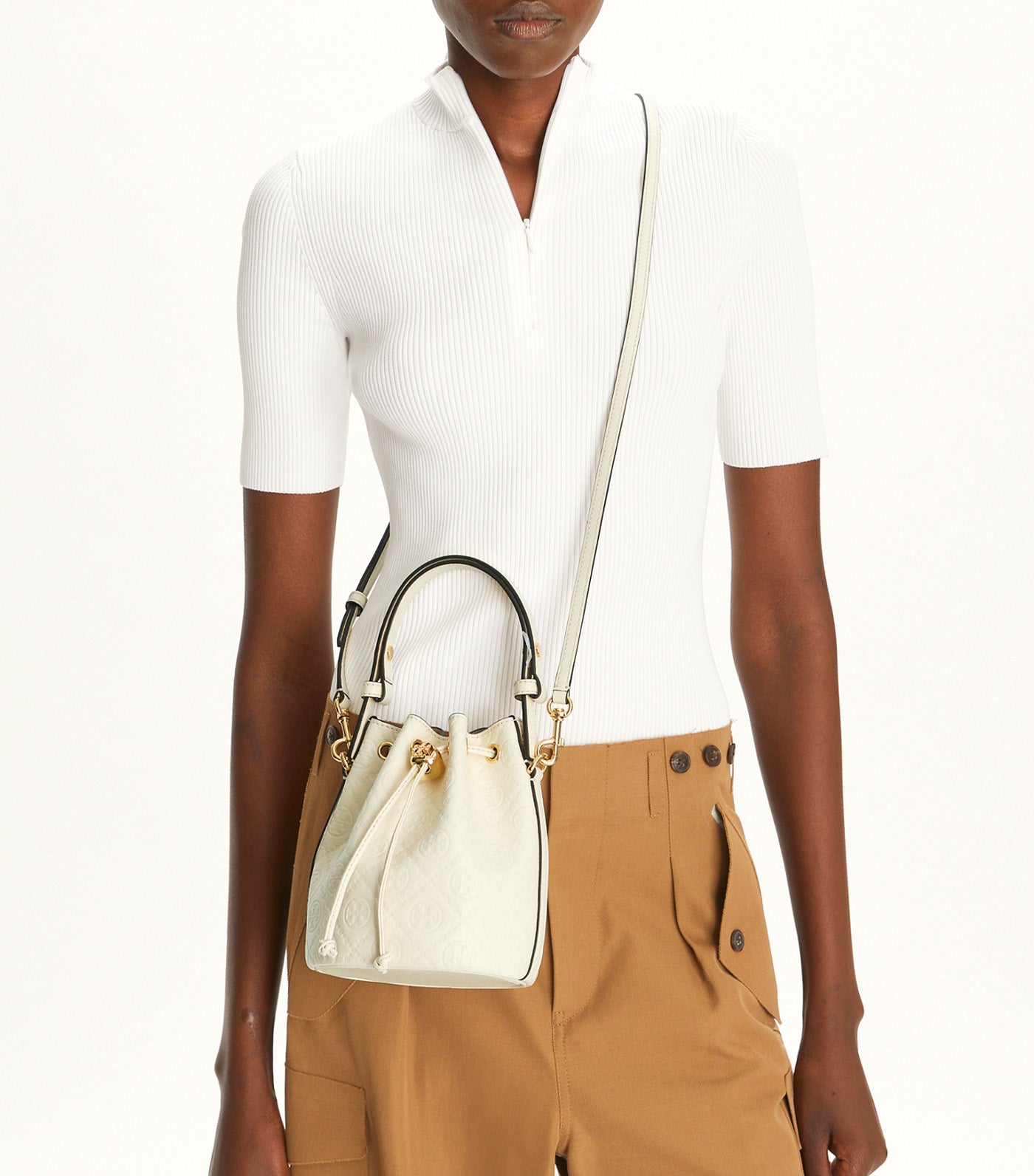 T Monogram Leather Mini Bucket Bag