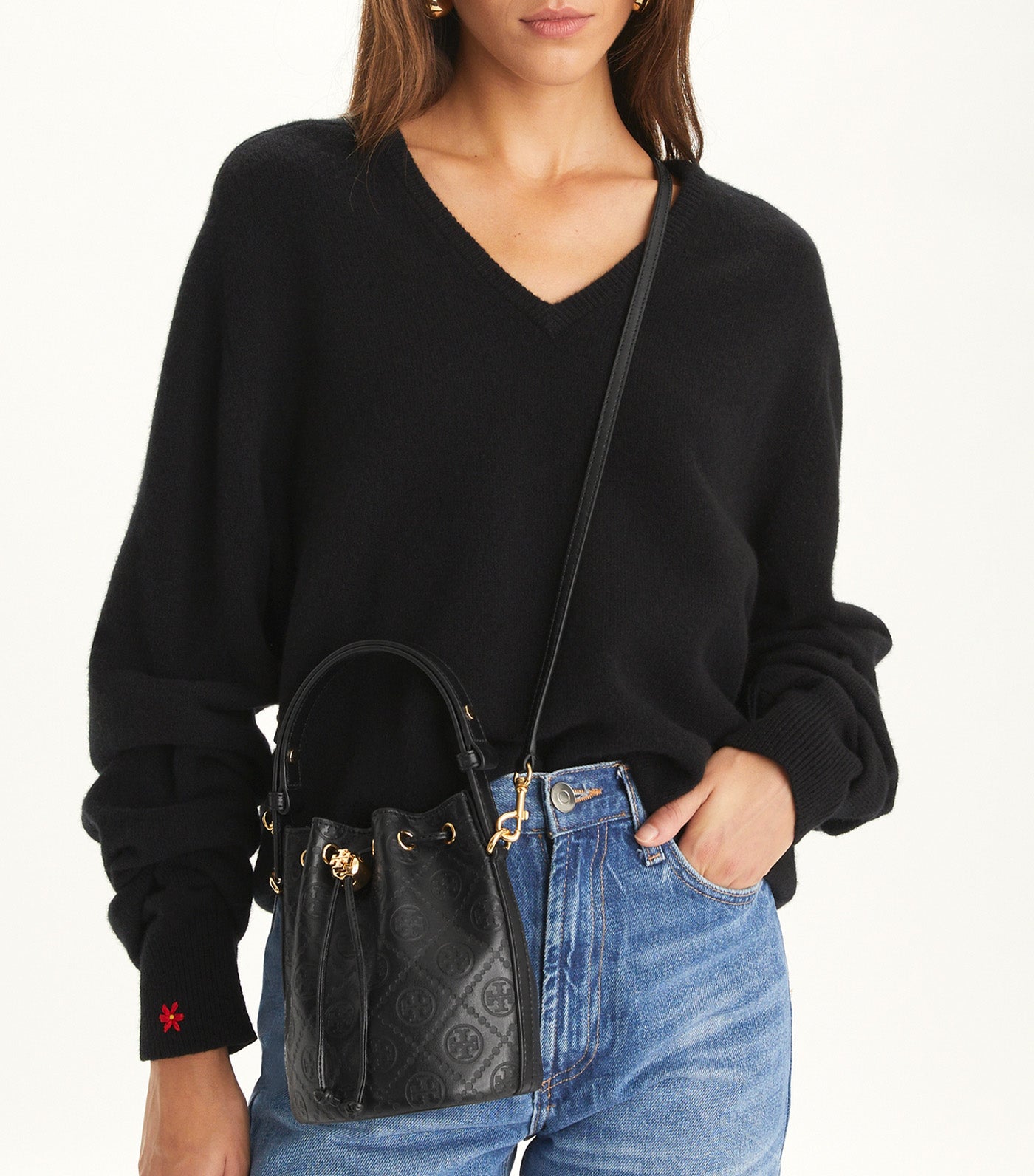 T Monogram Leather Mini Bucket Bag