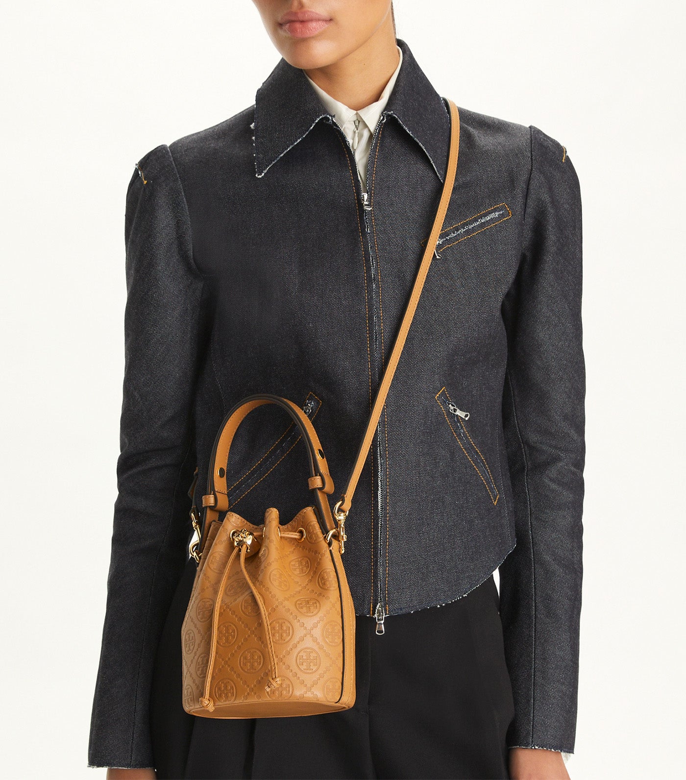 T Monogram Leather Mini Bucket Bag