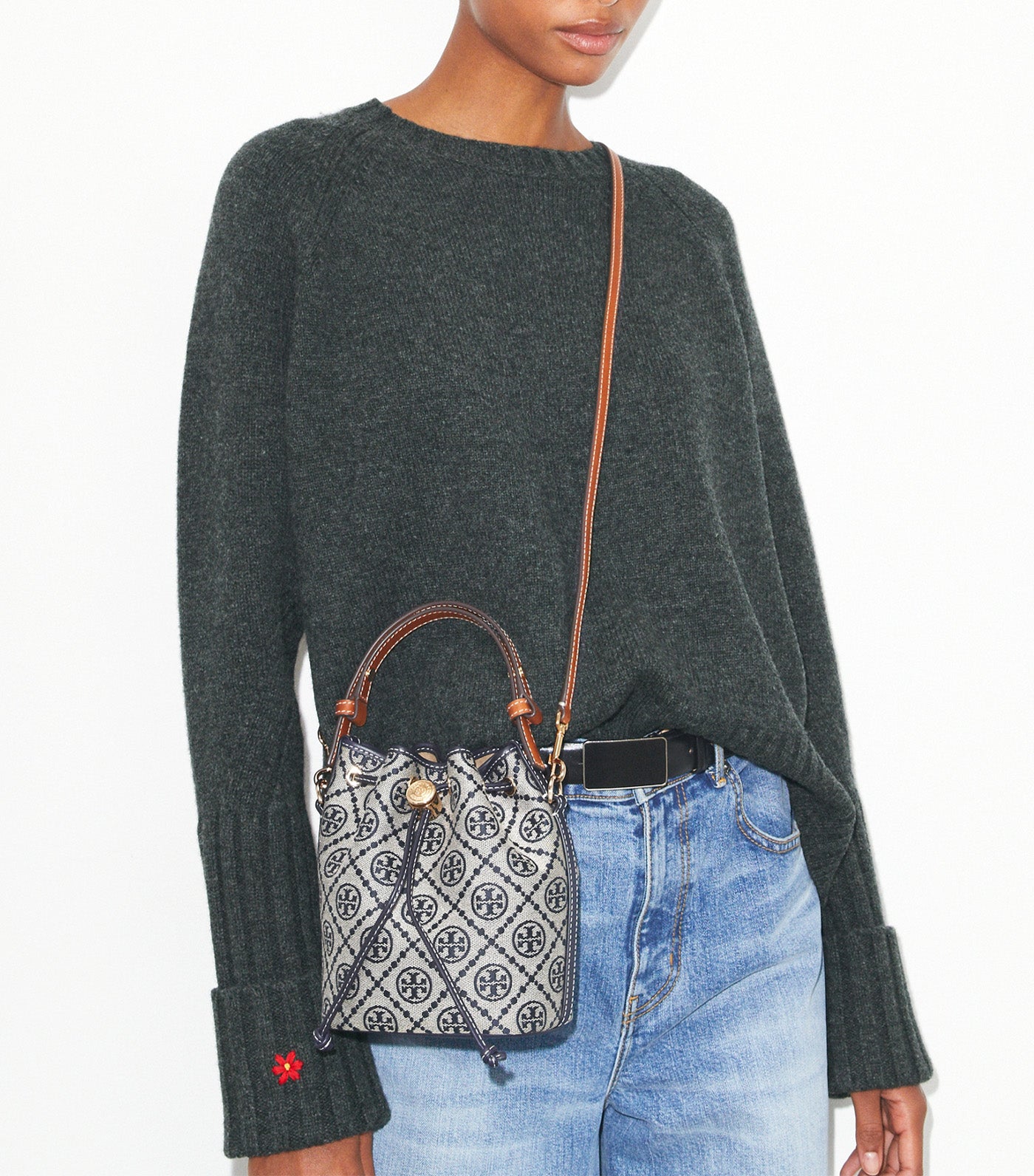 T Monogram Mini Bucket Bag Tory Navy