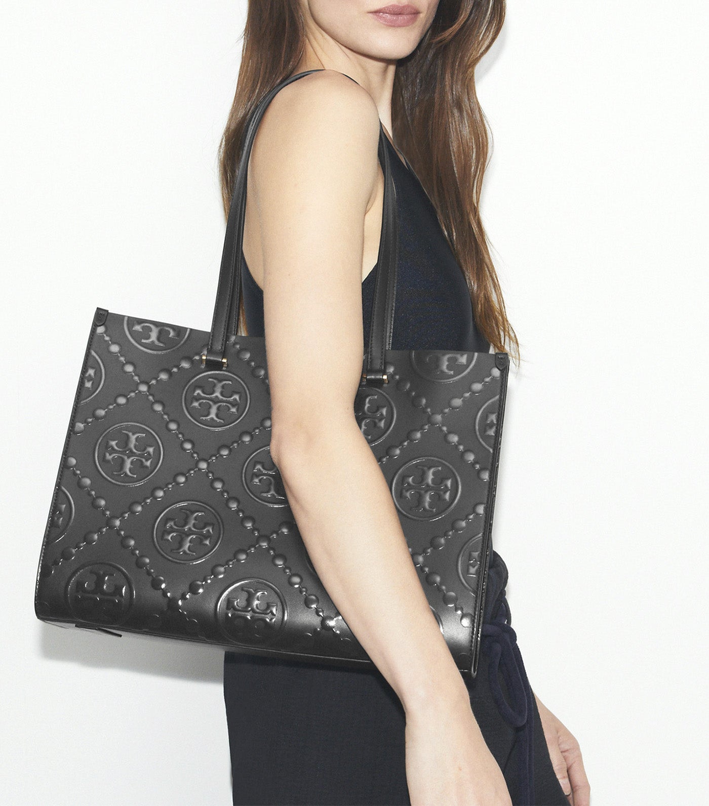 T Monogram Embossed Tote Black