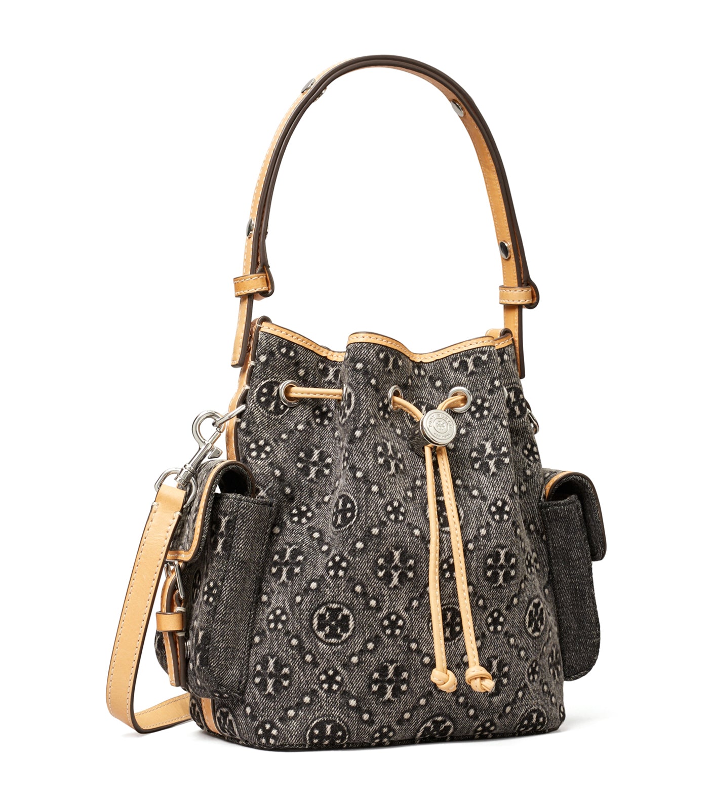 T Monogram Denim Bucket Bag with Pockets Black